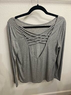 Forever 21 Gray Criss Cross Back Long Sleeve Top Open Back Boat Neck Pullover